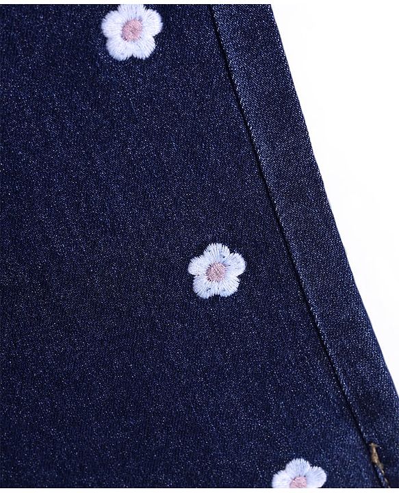 Babyhug Full Length Washed Denim Jeans With Stretch & Floral Embroidery - Navy Blue