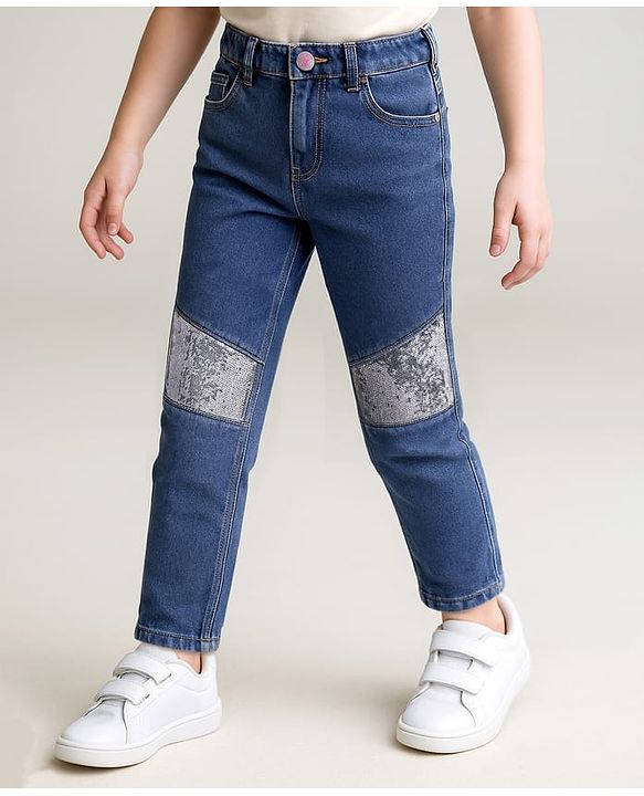 Babyhug Denim Washed Full Length  Jogger With Stretch - Medium Blue main image 1
