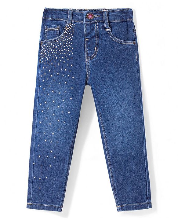 Babyhug Denim Full Length Solid Jeans with Beads Detailing - Blue