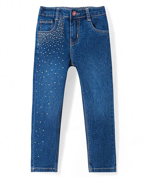 Babyhug Denim Full Length Solid Jeans with Beads Detailing - Blue