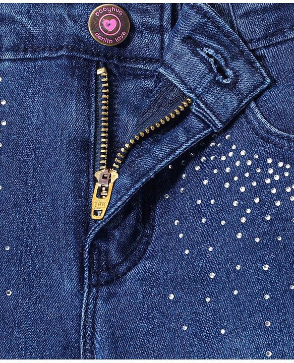 Babyhug Denim Full Length Solid Jeans with Beads Detailing - Blue