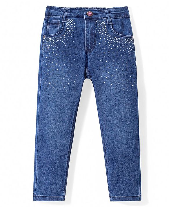 Babyhug Denim Full Length Solid Jeans with Beads Detailing - Blue
