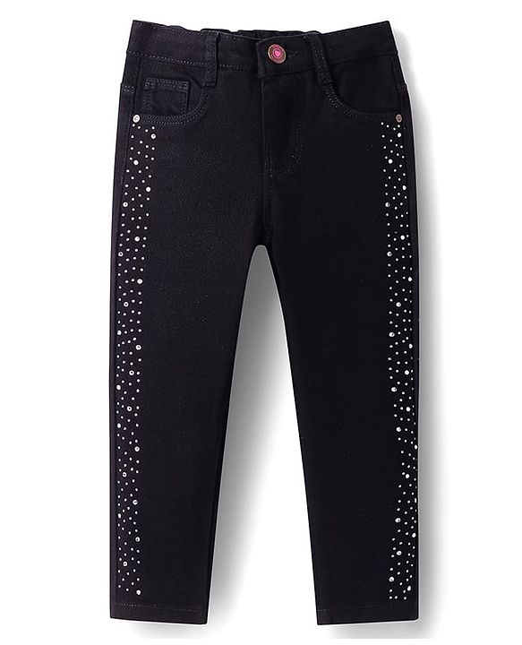 Babyhug Denim Full Length with Stretch Washed Jeans With Butterfly Embroidery- Blue main image 1