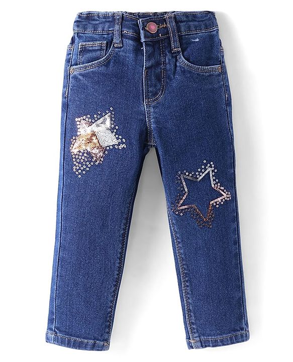 Babyhug Full Length Washed Denim Jeans With Sequin Detailing & Stretch - Blue