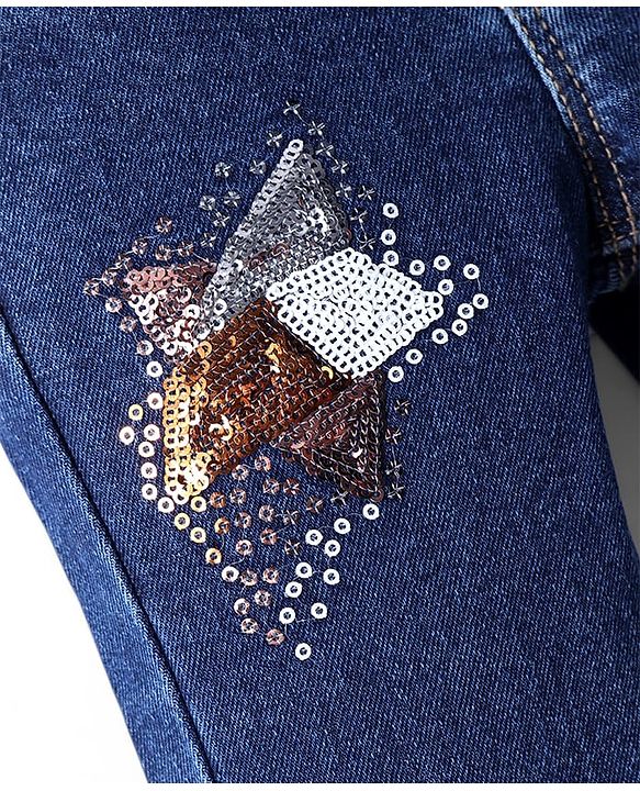 Babyhug Full Length Washed Denim Jeans With Sequin Detailing & Stretch - Blue