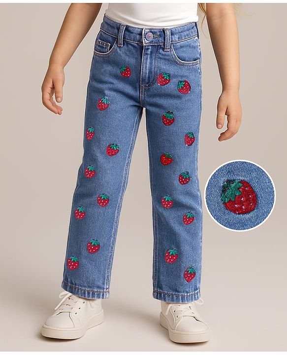 Babyhug Full Length Washed Denim Jeans With Strawberry Embroidery - Blue
