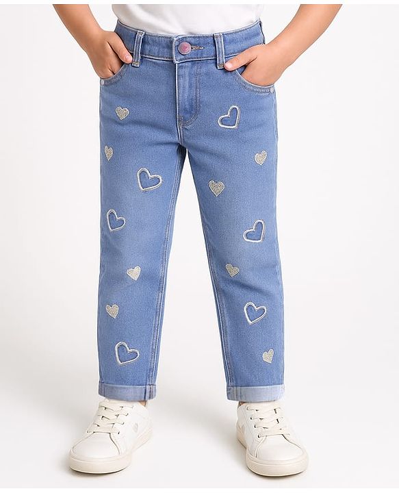 Babyhug Full Length Washed Denim Jeans with Hearts Embroidery & Stretch - Blue