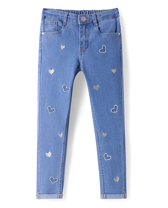 Babyhug Full Length Washed Denim Jeans with Hearts Embroidery & Stretch - Blue