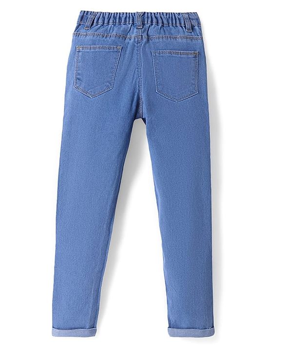 Babyhug Full Length Washed Denim Jeans with Hearts Embroidery & Stretch - Blue