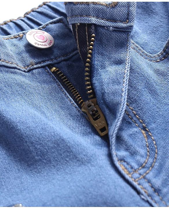 Babyhug Full Length Washed Denim Jeans with Hearts Embroidery & Stretch - Blue