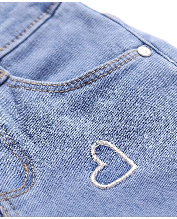 Babyhug Full Length Washed Denim Jeans with Hearts Embroidery & Stretch - Blue