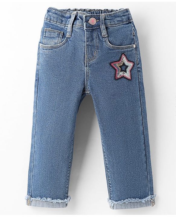 Babyhug Full Length Washed Denim Jeans With Sequin Detailing & Stretch - Blue