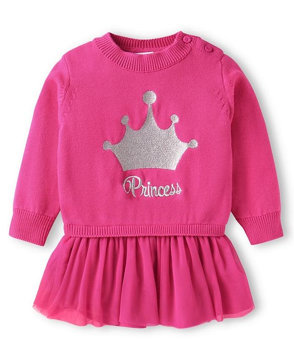 Babyhug Knitted Overlapped Woollen Dress with Text Embroidery - Dark Pink
