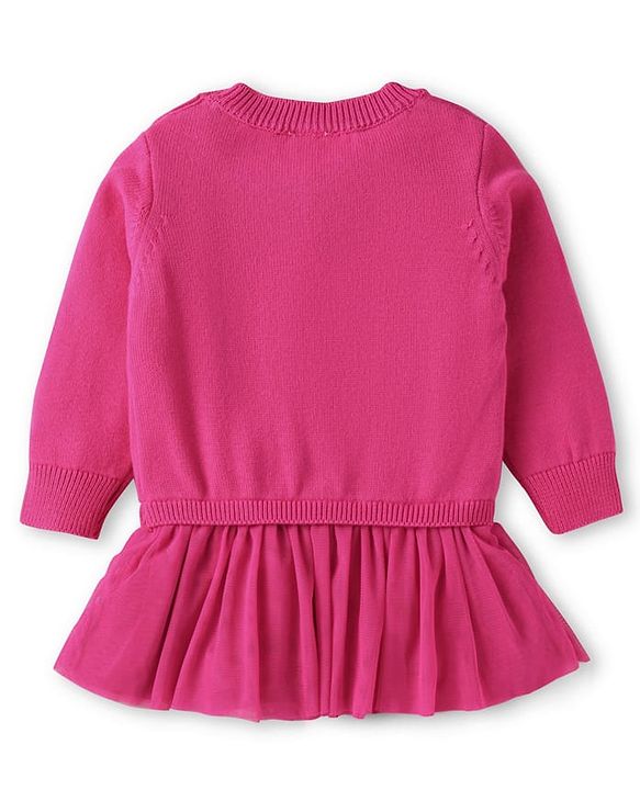 Babyhug Knitted Overlapped Woollen Dress with Text Embroidery - Dark Pink