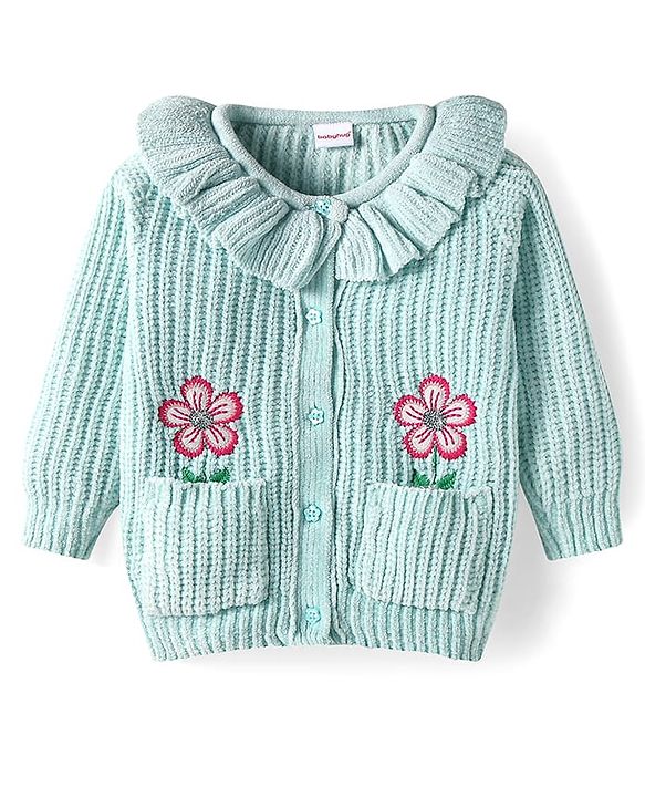Babyhug Knit Full Sleeves Front Open Sweater With Frill & Sequinned Floral Design with Pockets- Light Blue