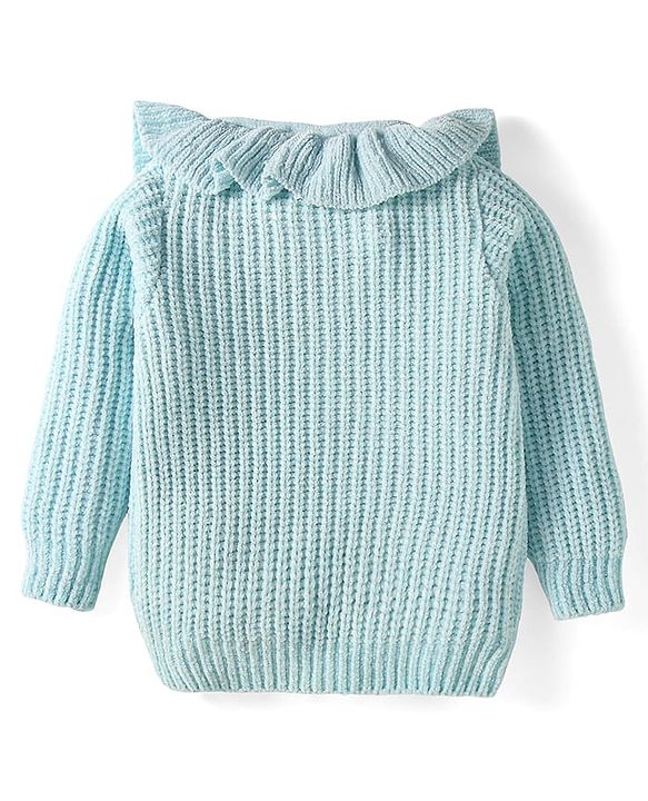Babyhug Knit Full Sleeves Front Open Sweater With Frill & Sequinned Floral Design with Pockets- Light Blue