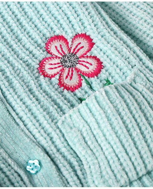 Babyhug Knit Full Sleeves Front Open Sweater With Frill & Sequinned Floral Design with Pockets- Light Blue