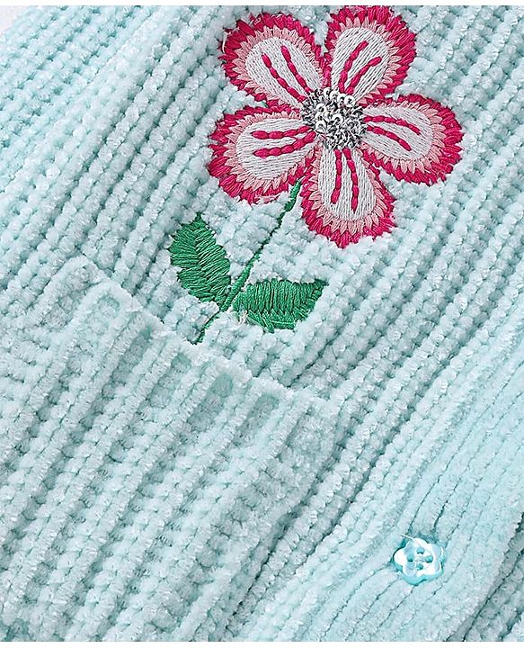 Babyhug Knit Full Sleeves Front Open Sweater With Frill & Sequinned Floral Design with Pockets- Light Blue