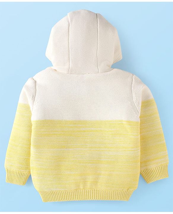 Babyhug Knitted Full Sleeves Hooded Front Open Sweater With Animal Patch - White