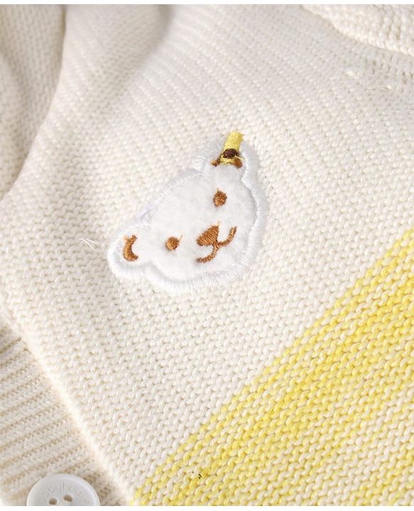 Babyhug Knitted Full Sleeves Hooded Front Open Sweater With Animal Patch - White
