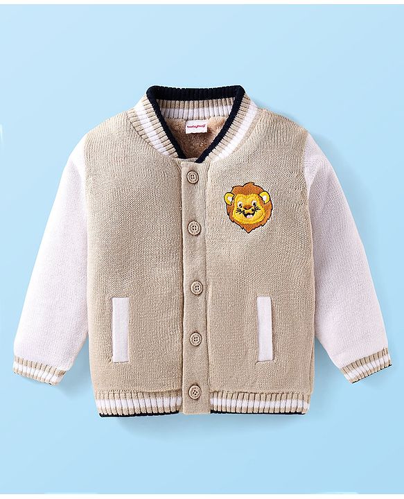 Babyhug Knit Full Sleeves Sweater with Lion Embroidery - White & Beige
