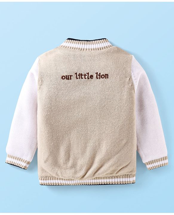 Babyhug Knit Full Sleeves Sweater with Lion Embroidery - White & Beige