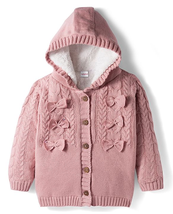 Babyhug Knitted Full Sleeves Front Open Hooded Sweater with Bow Applique & Cable Knit Design - Pink
