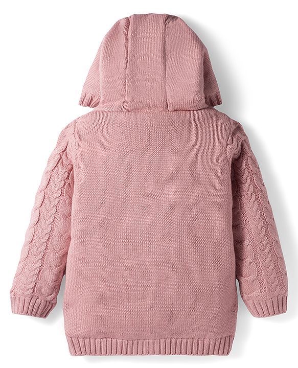 Babyhug Knitted Full Sleeves Front Open Hooded Sweater with Bow Applique & Cable Knit Design - Pink