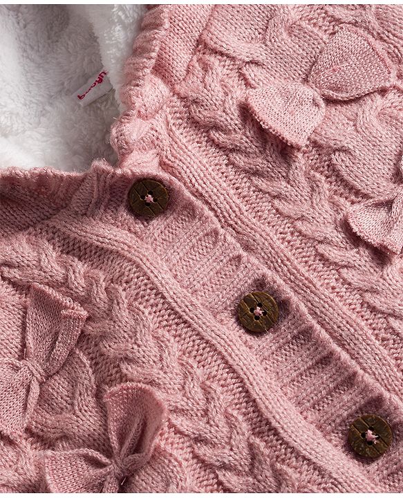 Babyhug Knitted Full Sleeves Front Open Hooded Sweater with Bow Applique & Cable Knit Design - Pink