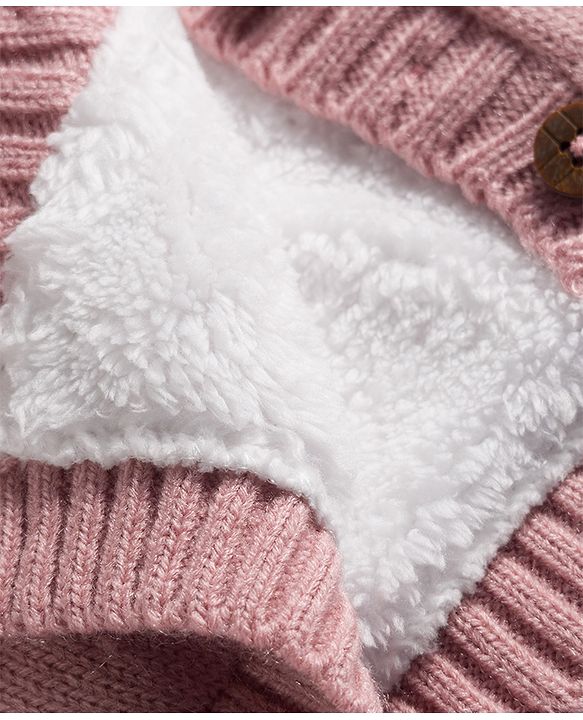 Babyhug Knitted Full Sleeves Front Open Hooded Sweater with Bow Applique & Cable Knit Design - Pink