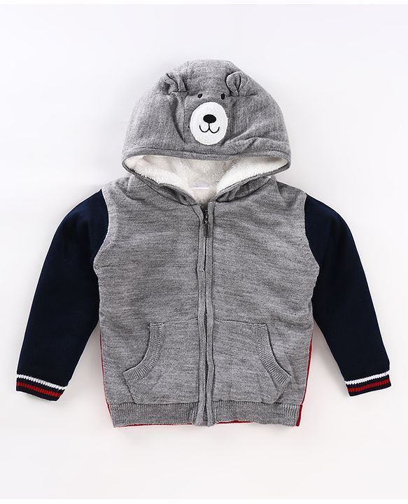 Babyhug Knitted Full Sleeves Front Open Hooded Sweater With Dino Applique - Charcoal Grey