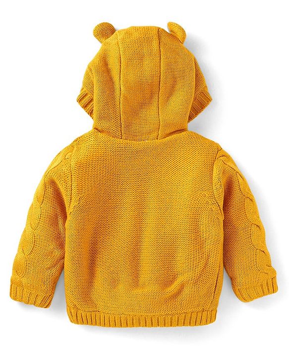 Babyhug Knitted Full Sleeves Front Open Solid Colour Hooded Sweater With Cable Knit Design & Ear Applique - Mustard