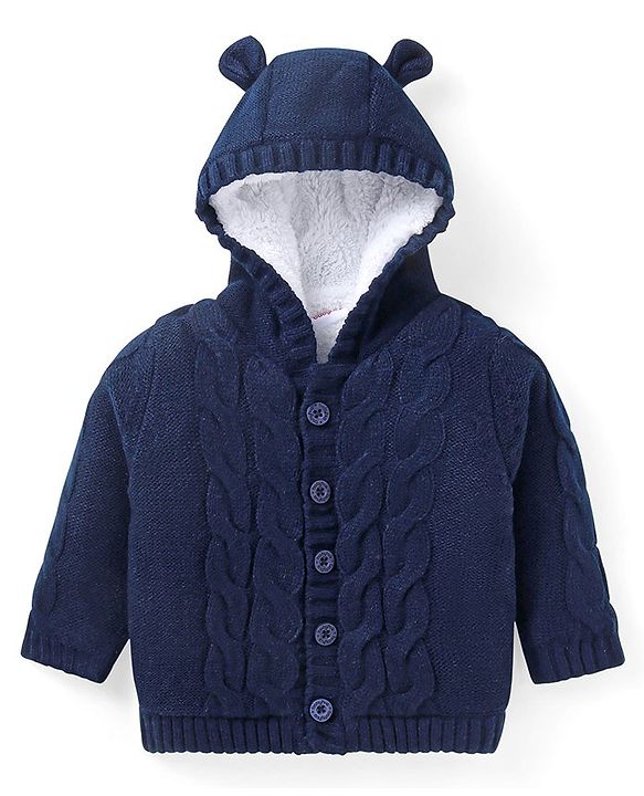 Babyhug Knitted Full Sleeves Front Open Solid Colour Hooded Sweater With Cable Knit Design & Ear Applique - Mustard
