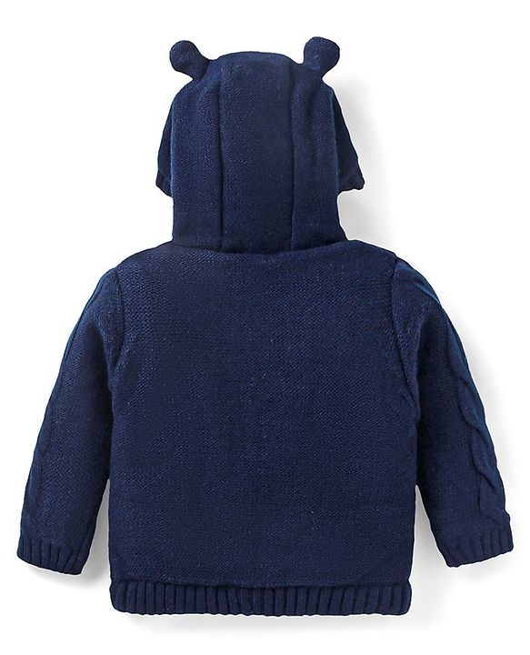 Babyhug Knitted Full Sleeves Front Open Solid Colour Hooded Sweater With Cable Knit Design & Ear Applique - Mustard