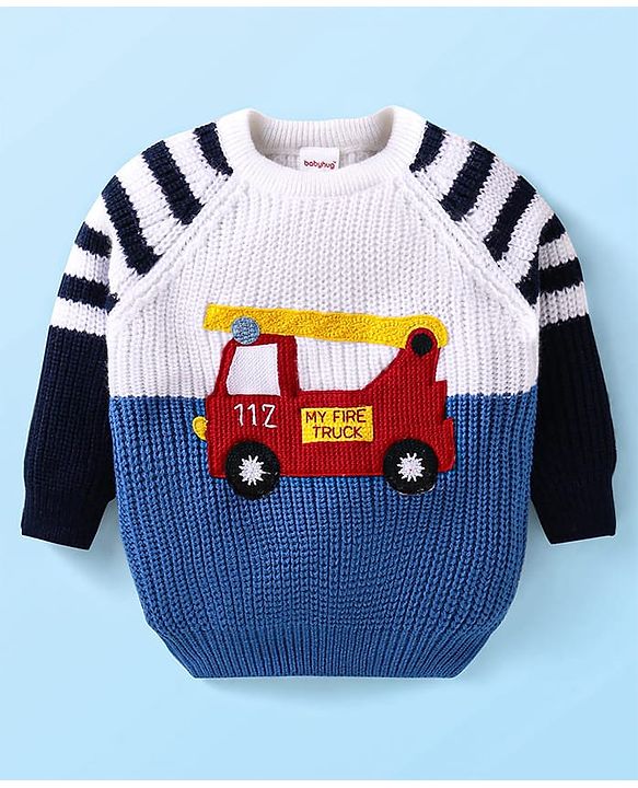 Babyhug Knitted Full Raglan Sleeves Striped & Fire Truck Designed Pullover Sweater  - White Blue & Navy