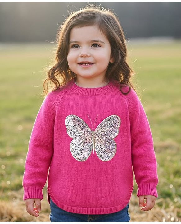 Babyhug Knitted Full Raglan Sleeves Butterfly Sequinned Detailed Sweater - Dark Pink
