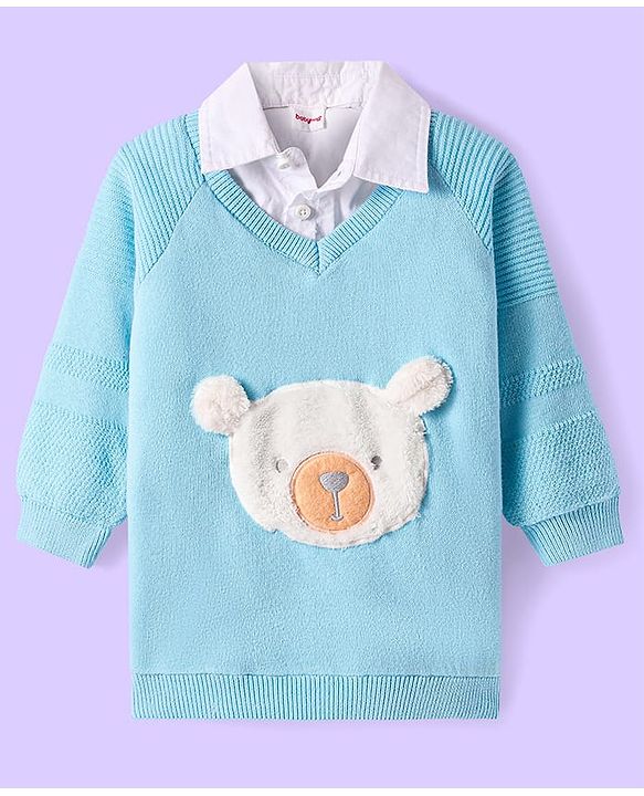 Babyhug Knit Full Raglan Sleeves Overlapped Polo Sweatshirt with Bear Patch Detailing - Light Blue