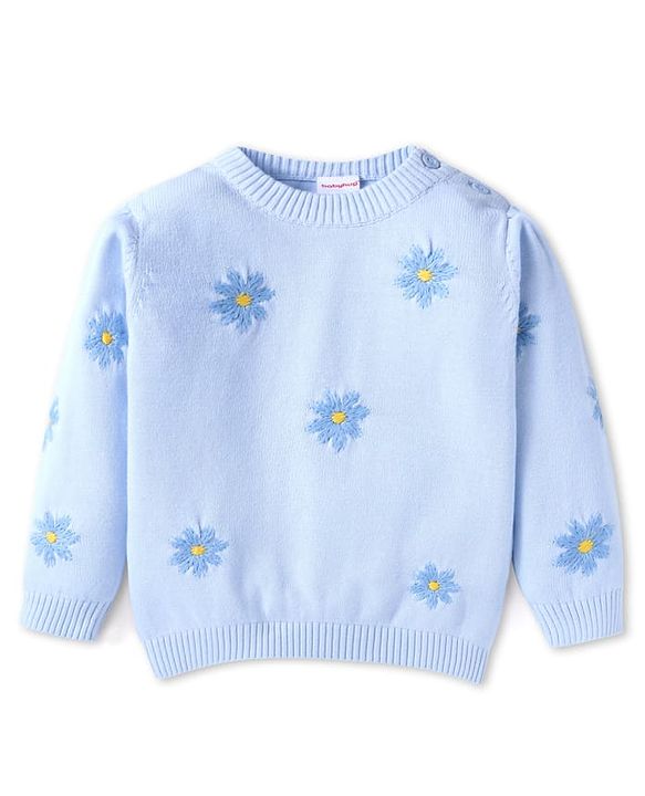 Babyhug Knit Full Sleeves Floral Embroidery Sweater - Light Blue
