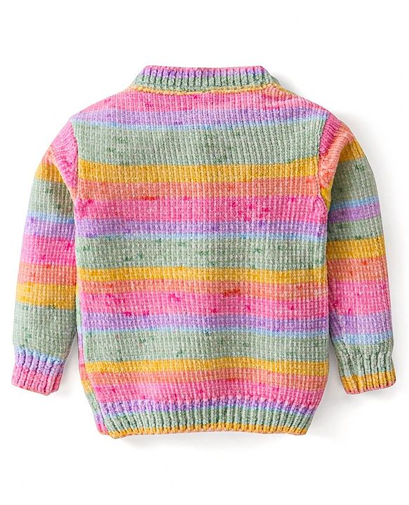 Babyhug Knitted Full Sleeves Pullover Sweater with Stripes Design & Sequin Butterfly Embroidery - Pink