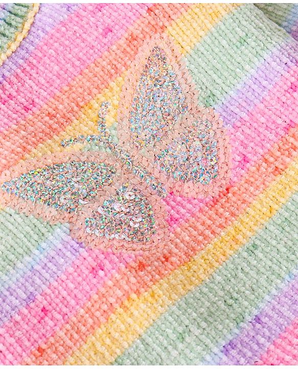 Babyhug Knitted Full Sleeves Pullover Sweater with Stripes Design & Sequin Butterfly Embroidery - Pink