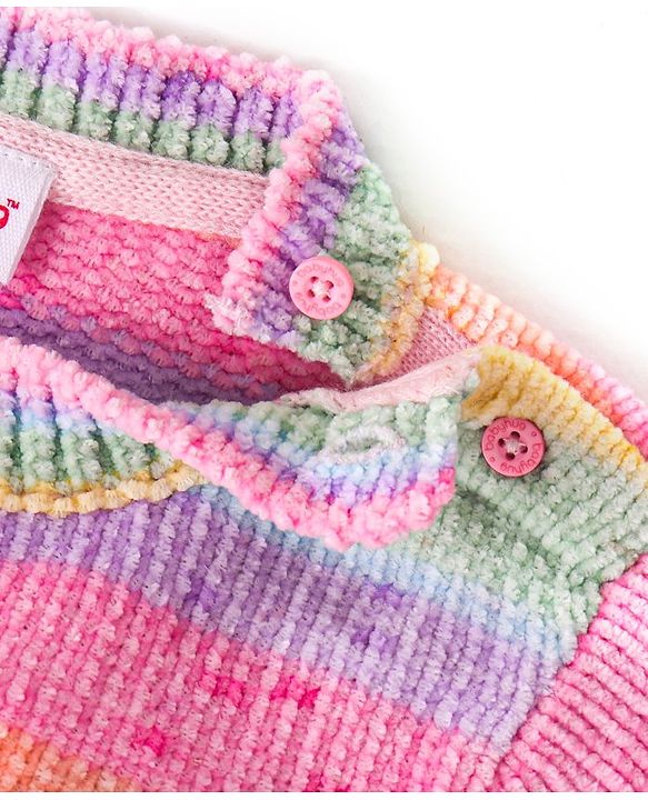 Babyhug Knitted Full Sleeves Pullover Sweater with Stripes Design & Sequin Butterfly Embroidery - Pink