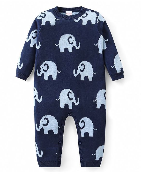 Babyhug Cotton Woven Full Sleeves Winter Romper Elephant Print - Navy Blue