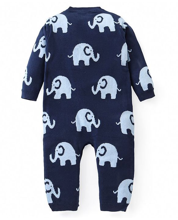 Babyhug Cotton Woven Full Sleeves Winter Romper Elephant Print - Navy Blue