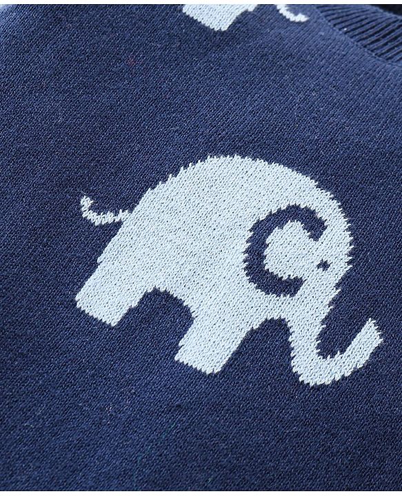 Babyhug Cotton Woven Full Sleeves Winter Romper Elephant Print - Navy Blue