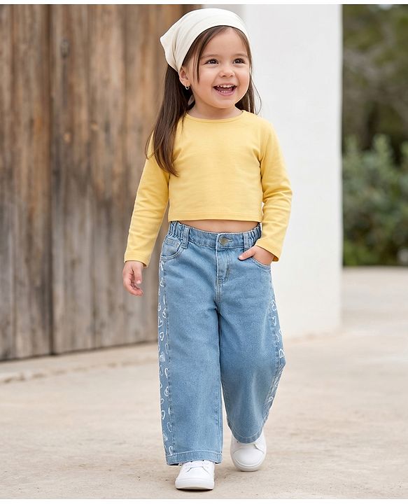 Babyhug Denim Full Length Washed Jeans With Stretch & Heart Print - Blue
