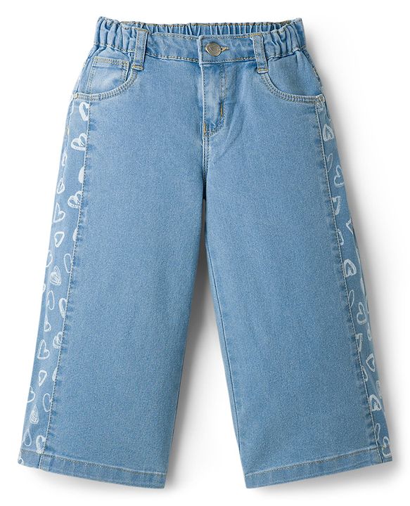 Babyhug Denim Full Length Washed Jeans With Stretch & Heart Print - Blue