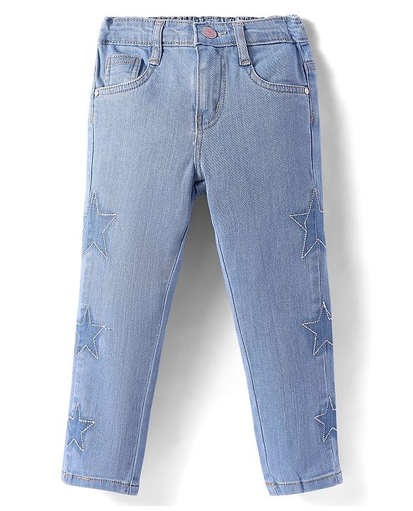 Babyhug Full Length Washed Denim Jeans With Stretch & Star Embroidery - Blue