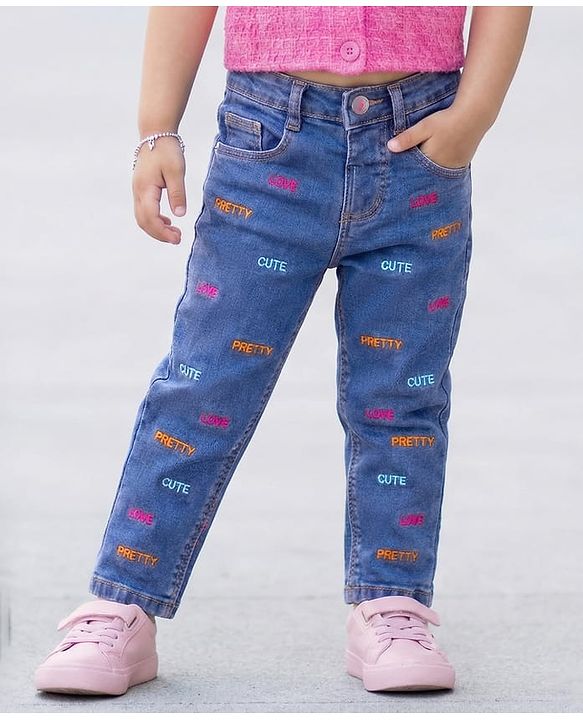 Babyhug Full Length Washed Denim Jeans With Text Embroidery & Stretch - Blue