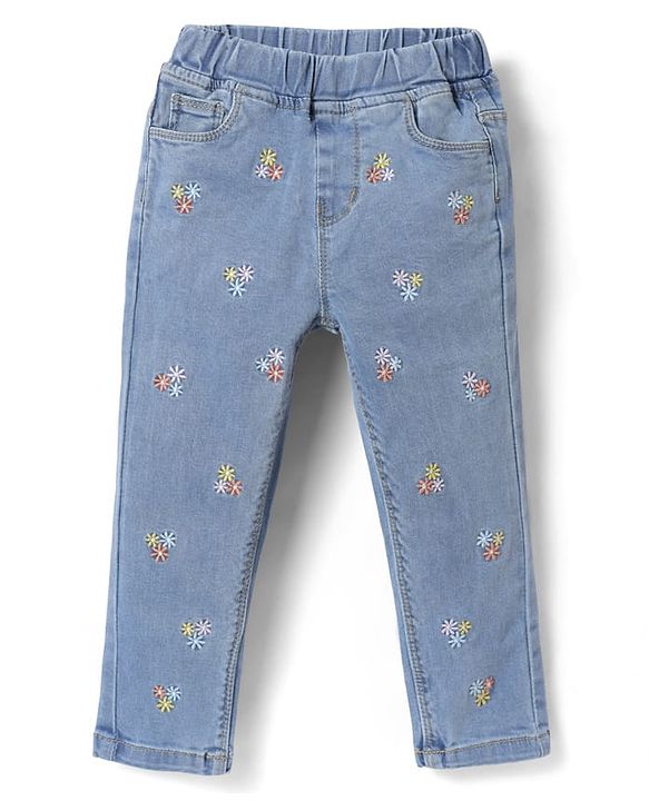 Babyhug Full Length Stretchable Washed Denim Joggers- Blue main image 0