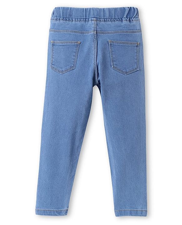 Babyhug Woven Full Length Washed Denim Jeans With Stretch & Floral Embroidery - Blue